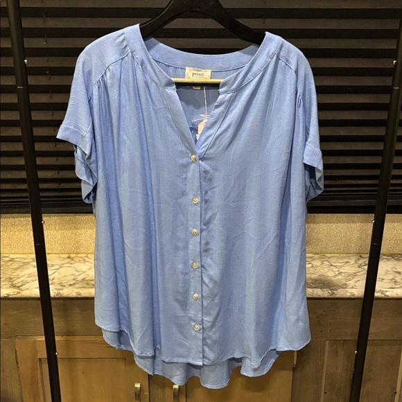 Perch by Blu Pepper Deep Sky Blue V Neck Button Front SS Loose Blouse WN 2X NWT - Picture 3 of 8